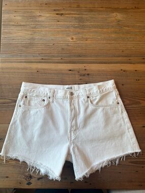 AGOLDE Parker Long White High-Rise Frayed Hem Denim Shorts